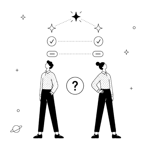 Illustration : deux personnages dos-à-dos avec leurs critères qui matchent au-dessus et un point d'interrogation entre eux