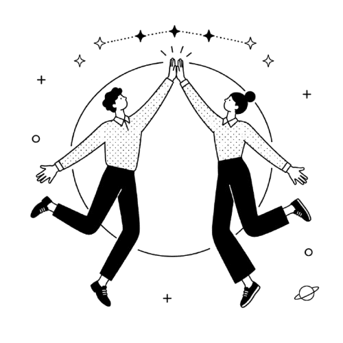 Illustration : deux personnages se tapent dans les mains sous une constellation d'étoiles connectées